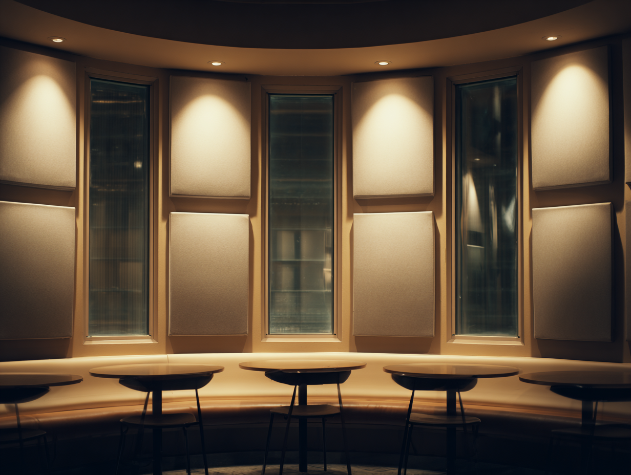 Interior with acoustic panels installed, soft lighting, and closed, airtight windows